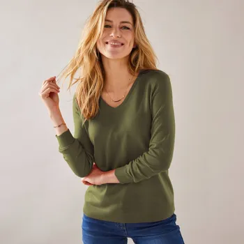 Dámský svetr Pulovr s výstřihem do V khaki 34/36