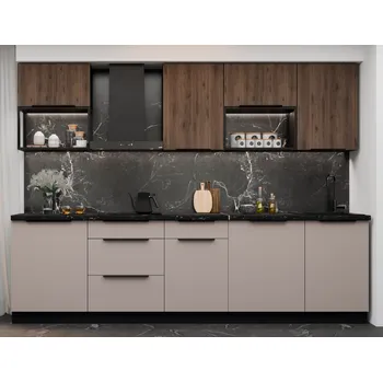 Kuchyňská linka Kuchyňská linka Arona/Monza, sestava N, 280 cm, kašmír/černá matná/ořech okapi