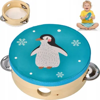 Hudební nástroj pro děti TAMBURYN DREWNIANY Z PINGWINEM INSTRUMENT HUDEBNÍ NÁSTROJ HRAČKA TAMBURÍNA