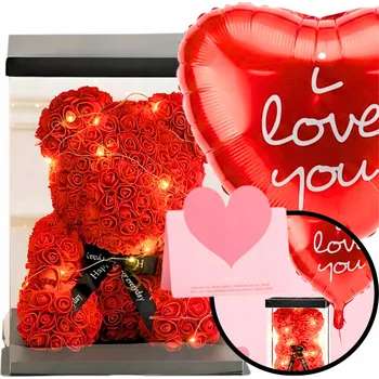 umělá květina MEDVÍDEK Z RŮŽÍ Z OKVĚTNÍCH LÍSTKŮ DÁREK K VALENTÝNU 25 CM