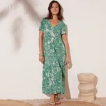 Kreponové dlouhé šaty s výstřihem do V a potiskem zelená/bílá 36