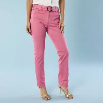 Dámské kalhoty Rovné kalhoty s páskem pro postavu 150 až 155 cm tmavě růžová 40