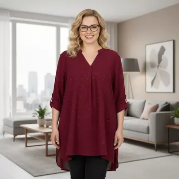 Dámská tunika Dámská dlouhá tunika Lea vínová barva s třpytkami