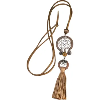 Náhrdelník Camerazar Náhrdelník hnědý boho lapač snů na šňůrce s třásněmi, nastavitelný