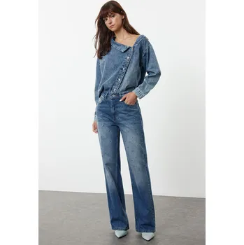 Dámské džíny Trendyol Blue Stone Detailed High Waist Wide Leg Jeans Trendyol modrá 2876804