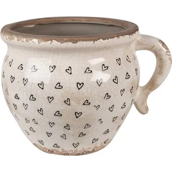 Obal na květináč Béžový keramický obal na květináč s uchem a se srdíčky Hearti M - 17*14*12cm