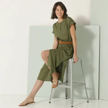 Dámské šaty Jednobarevné midi šaty na knoflíčky khaki 42