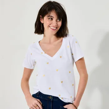 Dámské tričko Tričko s výstřihem do V, krátkými rukávy, celopotisk srdíčka bílá 54