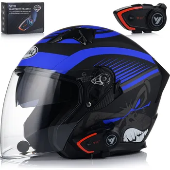 Helma na motorku OTEVŘENÁ MOTOCYKLOVÁ PŘILBA MODRÁ MATNÁ SKÚTR CHOPPER + CLONA + INTERKOM