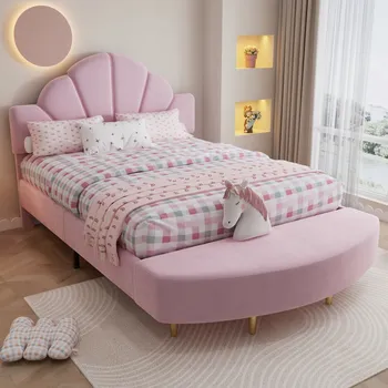 Postel Čalouněná postel Jednolůžková postel Dětská postel+Podnožka Růžová 140x200 cm