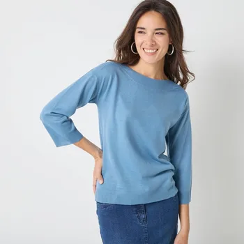 Dámský svetr Pulovr s lodičkovým výstřihem a 7/8 rukávy modrošedá 38/40