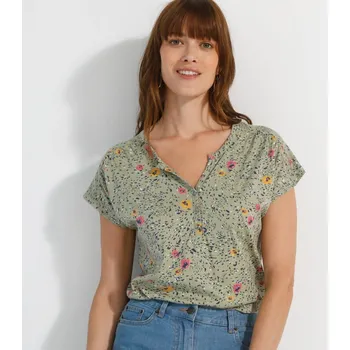 Dámská móda Tričko s výstřihem na knoflíčky a potiskem khaki 38/40