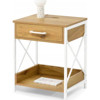 Noční stolek PRAKTICKÝ NOČNÍ STOLEK SE ZÁSUVKOU A USB ZÁSUVKOU TORI DUB NA BÍLÉM RÁMU