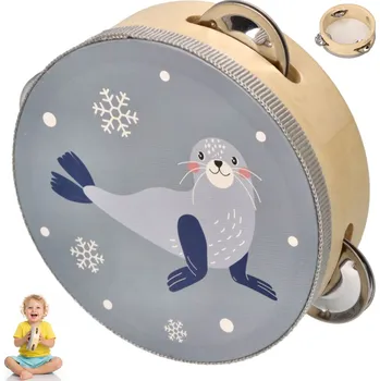 Hudební nástroj pro děti TAMBURYN DREWNIANY Z FOKĄ INSTRUMENT MUZYCZNY HRAČKA DŘEVĚNÁ TAMBURÍNA