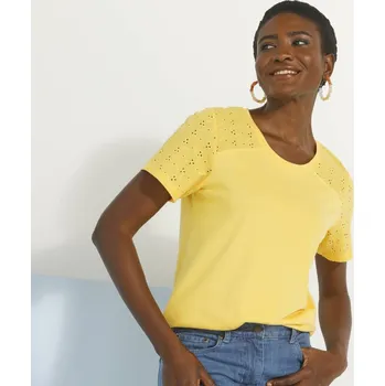 Tričko s kulatým výstřihem, krátkými rukávy a madeirou žlutá 54