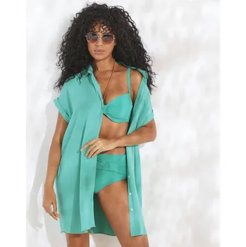 Dámská móda Jednobarevné plážové kreponové košilové šaty zelená 44