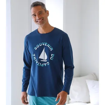 Pánské pyžamo Pyžamové tričko s dlouhými rukávy, motiv loď nám.modrá/bledě modrá 107/116