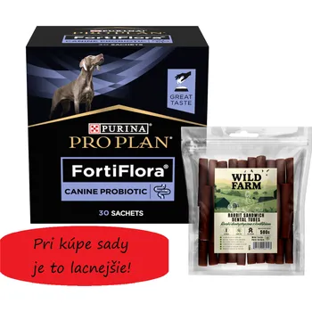 PURINA PVD FortiFlora Dog 30 x 1g + WILD FARM Rabbit dentální tuby 500g pamlsky pro psy