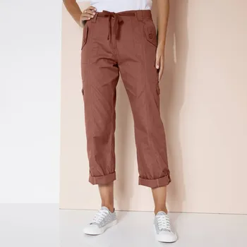 Dámské kalhoty Rovné kalhoty s kapsami a nohavicemi na ohrnutí, plátěné terakota 36