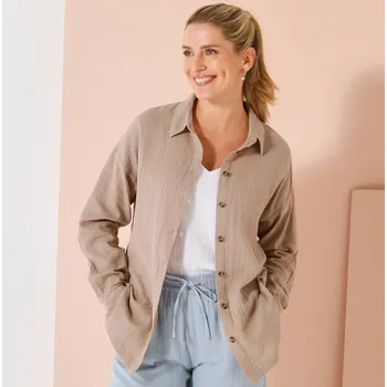 Dámská košile Mušelínová oversize košile s rozparky na knoflíky hnědošedá 42