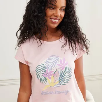 Dámská móda Pyžamové tričko s krátkými rukávy a potiskem Nature Sauvage růžová 46/48