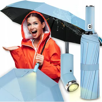 Deštník AUTOMATICKÝ SKLÁDACÍ DEŠTNÍK VELKÝ ELEGANTNÍ PEVNÝ LED PODSVÍCENÍ MODRÝ