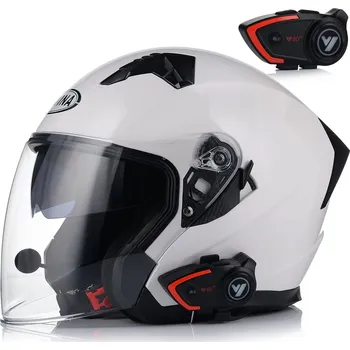 Helma na motorku OTEVŘENÁ MOTOCYKLOVÁ PŘILBA BÍLÁ LESKLÁ SKÚTR CHOPPER + CLONA + INTERKOM