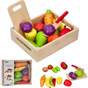 Dřevěná hračka Adam Toys Dřevěná zelenina a ovoce Na Suchý Zip v bedýnce na krájení