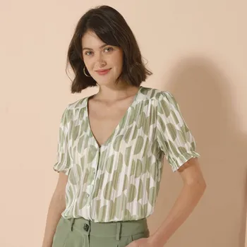 Dámská halenka Voálová halenka na knoflíčky s potiskem khaki/režná 54