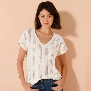 Dámská halenka Halenka s výstřihem do V, z ažurového úpletu režná 42/44