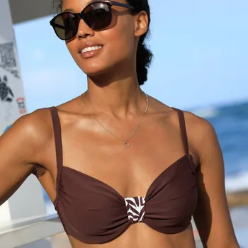 Dámské plavky Plavková jednobarevná vyztužená podprsenka s nařasením s potiskem Zebra, s kosticemi čokoládová 90D