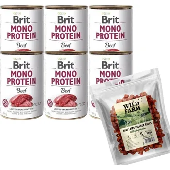 Pro psa BRIT MONO PROTEIN BEEF 6x400g & WILD FARM 500g jehněčí rolky pro psy