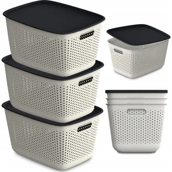 Úložný box 3X PLASTOVÝ PROLAMOVANÝ KONTEJNER KRABIČKA S VÍKEM, ÚLOŽNÉ BOXY 17L BÉŽOVÝ