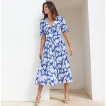 Dlouhé rozšířené šaty na knoflíky, kreponové s potiskem modrá 40