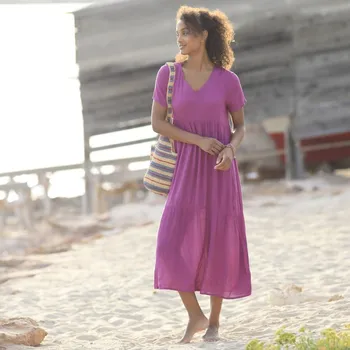 Dámské šaty Kreponové dlouhé jednobarevné šaty s výstřihem do V purpurová 40