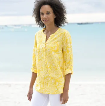 Dámské tričko Tunika ohrnutými rukávy, s potiskem žlutá/bílá 48