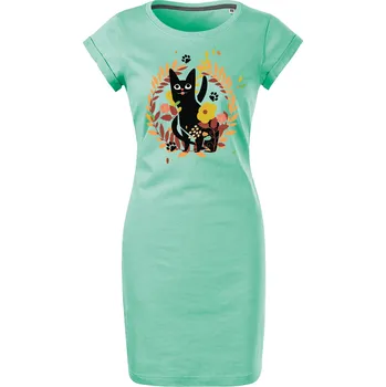 Dámské šaty Bavlněné letní šaty Kočka v květinách Velikost: M, Barva: Mátová