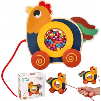 Dřevěná hračka DŘEVĚNÝ KOHOUTEK K TAHÁNÍ NA ŠŇŮRCE, BAREVNÁ DŘEVĚNÁ HRAČKA