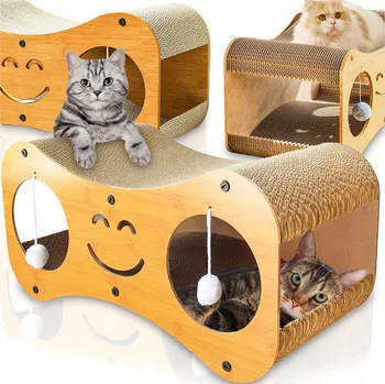 Kartónový škrabadlo pro kočky s pelíškem a míčky, béžové, do 60 cm