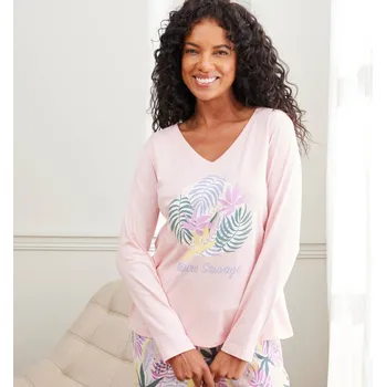 Dámské pyžamo Pyžamové tričko s dlouhými rukávy a potiskem Nature Sauvage růžová 50