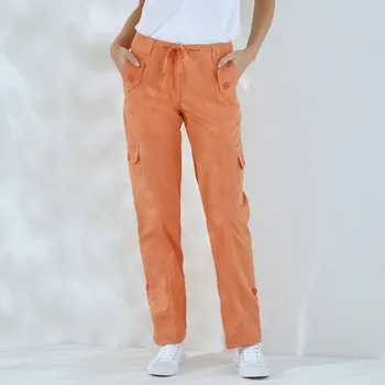 Dámské kalhoty Rovné kalhoty s kapsami a nohavicemi na ohrnutí, plátěné meruňková 44