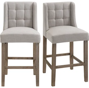 Barová židle HOMCOM Sada 2 barových židlí s opěradlem Barové židle s knoflíkovým opěradlem, masivní dřevo, včetně podnožky, 47 cm x 50 cm x 101 cm, šedá + přírodní barva