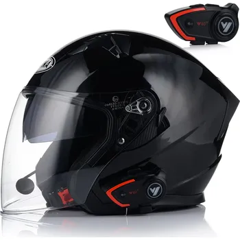 Helma na motorku OTEVŘENÁ MOTOCYKLOVÁ PŘILBA ČERNÁ LESKLÁ SKÚTR CHOPPER + CLONA + INTERKOM