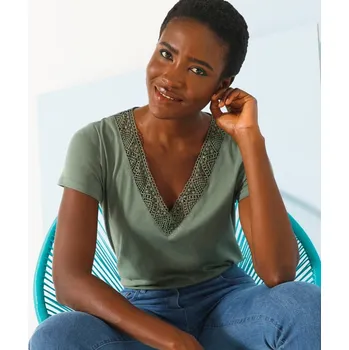 Tričko s výstřihem do V a krajkou khaki 52