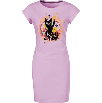 Dámské šaty Bavlněné letní šaty Kočka v květinách Velikost: S, Barva: Orchid
