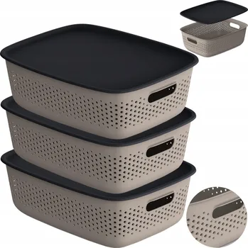 Dóza na potraviny 3X PLASTOVÁ NÁDOBA AŽUROVÁ KRABIČKA S VÍKEM NÁDOBY BOX 10L HNĚDÁ