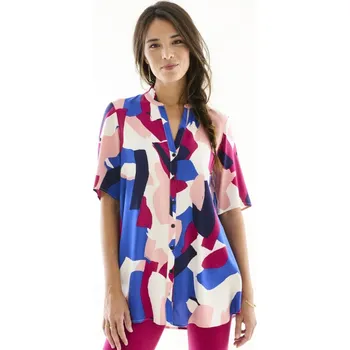 Tunika na knoflíčky s tuniským výstřihem a grafickým potiskem purpurová/nám.modrá 44