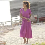 Kreponové dlouhé jednobarevné šaty s výstřihem do V purpurová 36