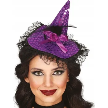 Čelenka Fialová čelenka s kloboukem čarodějnice, krajka, klobouček Halloween