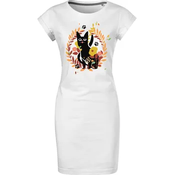 Dámské šaty Bavlněné letní šaty Kočka v květinách Velikost: S, Barva: Bílá